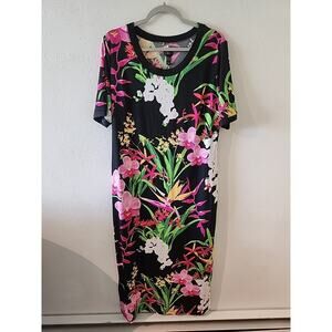 G.I.L.I. Women Black Tropical Orchid Floral Aloha Maxi Dress Short Sleeve Large